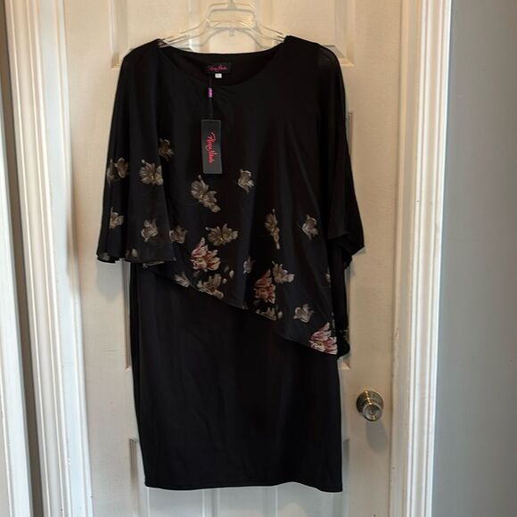 Hanna Nikole Chiffon Capelet Gray Flower Crew Neck Knee Length Pencil Dress 2XL - Picture 2 of 9